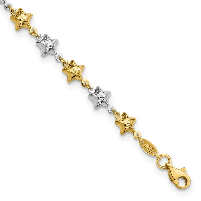 Women’s stacking bracelets-Curata 14k Two tone Gold Puffed Star Bracelet 7.75 Inch