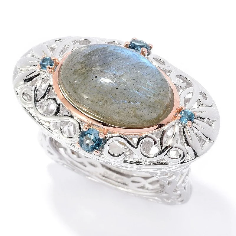 Women’s oval rings-Dallas Prince Sterling Silver 15 x 10mm Oval Labradorite & Gem Filigree Ring