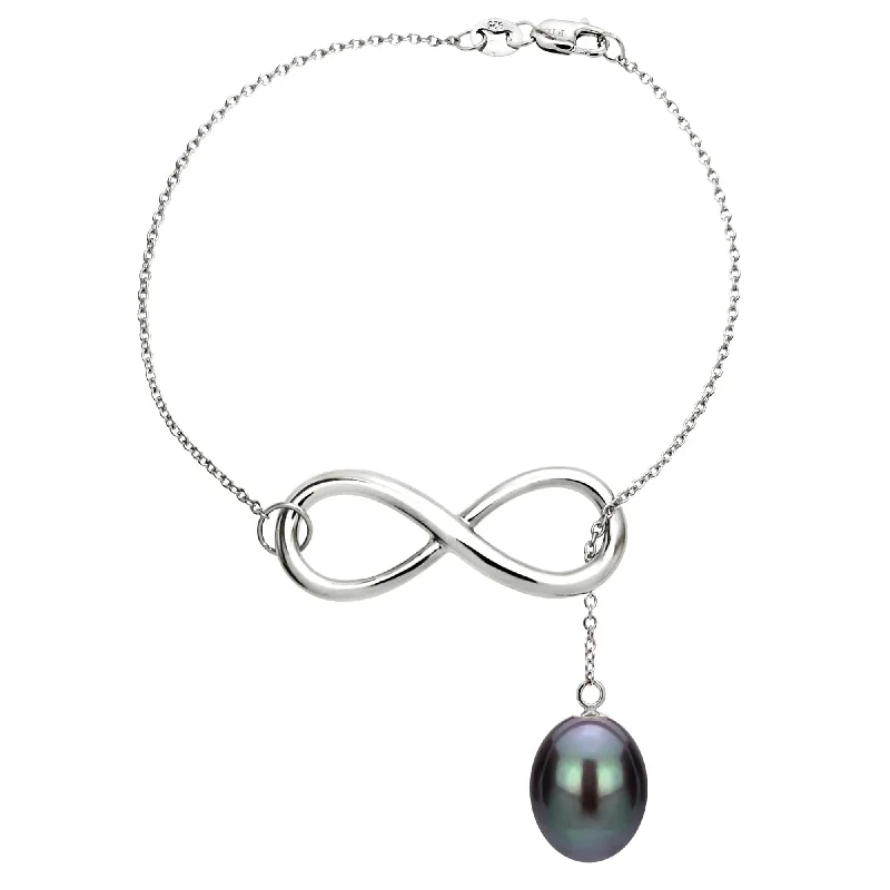 Women’s custom bangle-Women’s silver chain bracelets-DaVonna Sterling Silver Infinity Bracelet with 8-9mm Black Long Shape Freshwater Pearl, 7.5"