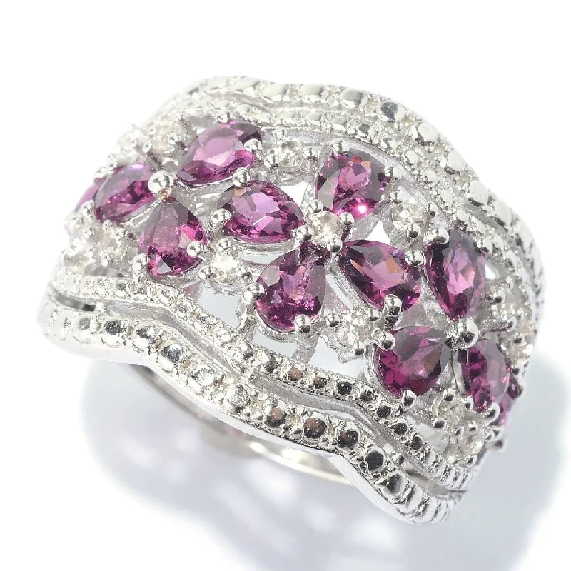 Women’s rose gold wedding rings-Rhodolite & White Zircon Floral Scalloped Wide Band Ring