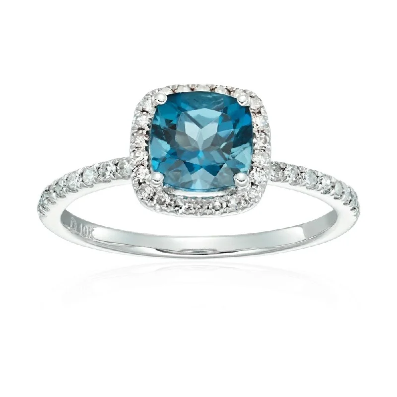 Women’s wedding rings-10k White Gold London Blue Topaz and Diamond Cushion Ring, Size 7