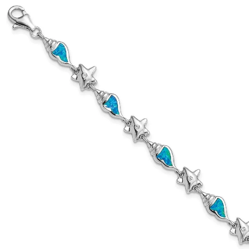 Women’s fashion bracelet-Curata 925 Sterling Silver Polished Lobster Claw Closure Starfish With CZ and Created Blue Simulated Opal Seashell 7.25 Bracelet