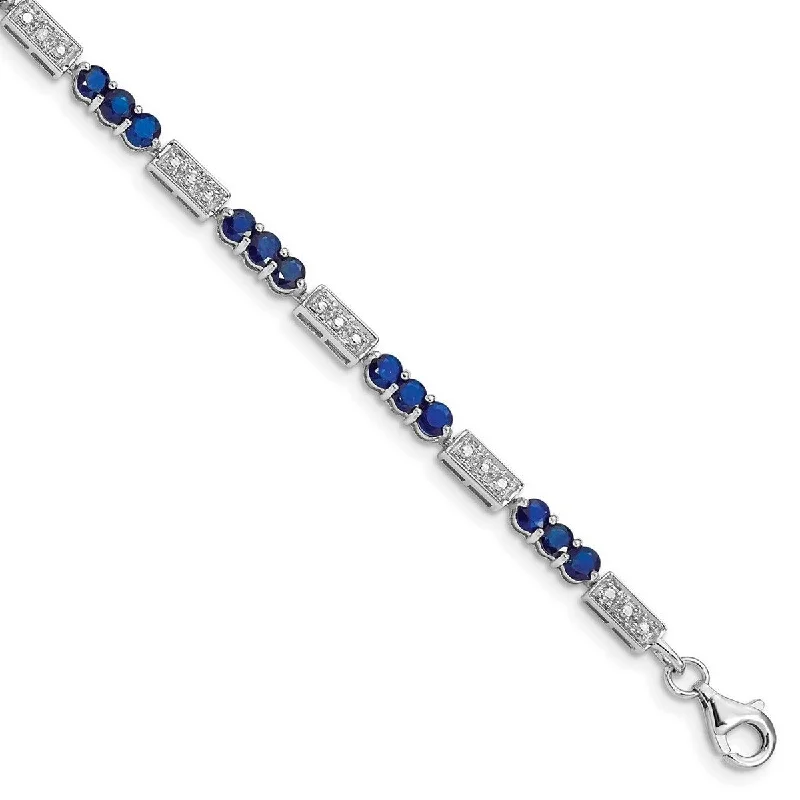 Women’s bangles-Curata 925 Sterling Silver Polished Open back Fancy Lobster Closure Sapphire and Diamond Bracelet