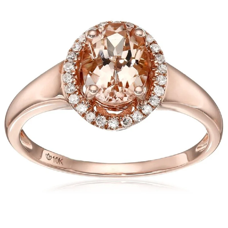 Women’s gemstone rings-10k Rose Gold Morganite and Diamond Princess Diana Oval Halo Ring