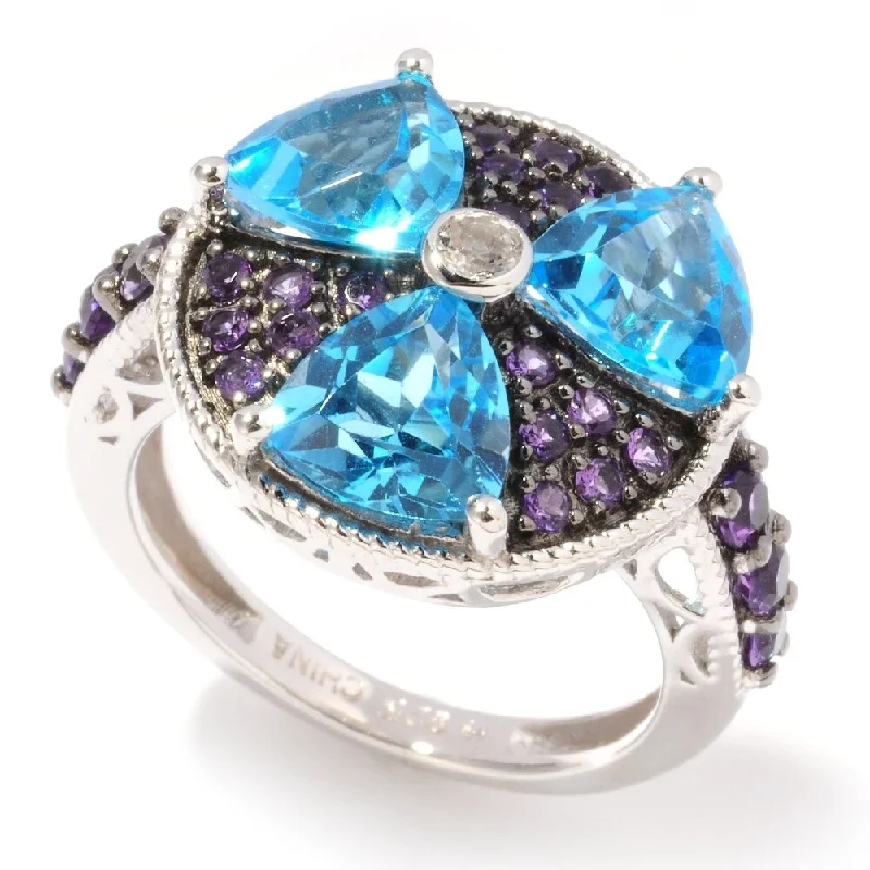 Women’s custom-designed rings-Ster Silver Swiss Blue Topaz, African Amethyst Cluster Ring, Size 7