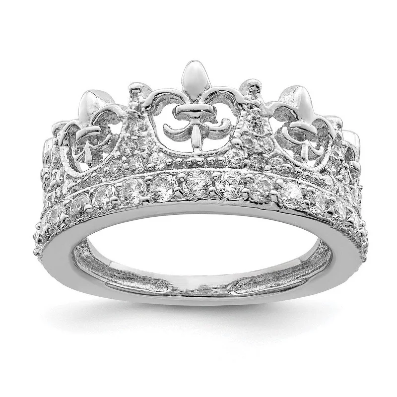 Women’s textured rings-Curata 925 Sterling Silver Polished Open back Fleur de lis Crown CZ Cubic Zirconia Simulated Diamond Ring