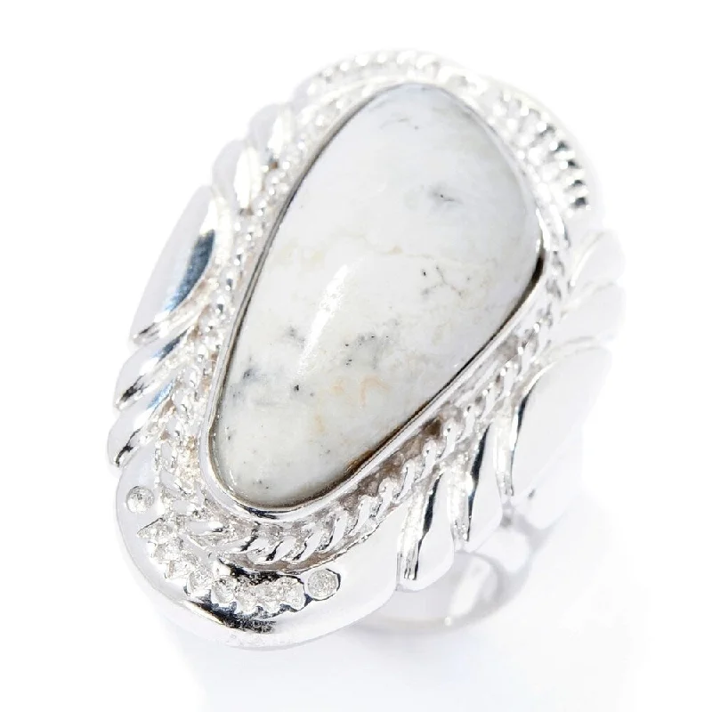 Women’s anniversary rings-Sterling Silver 22 x 10.5mm White Buffalo Quartz Ring