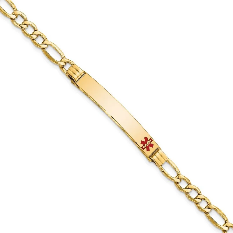 Women’s friendship bracelet-Women’s adjustable bracelets-Curata 14k Yellow Gold 6.5mm Engravable Medical Red Enamel Figaro ID Bracelet