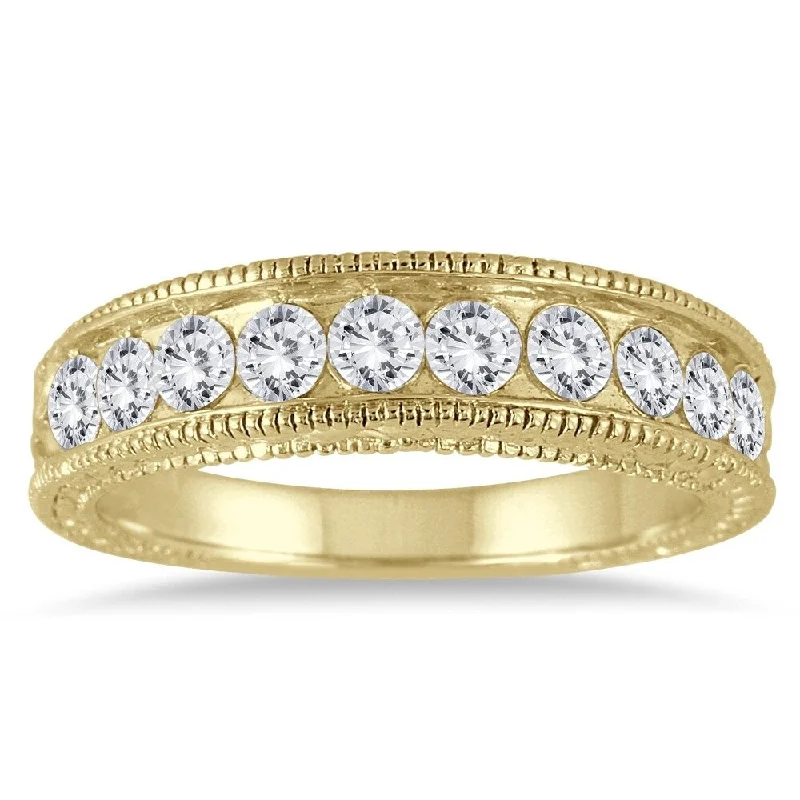 Women’s bohemian rings-1 Carat TW Diamond Engraved Antique Ring in 14K Yellow Gold