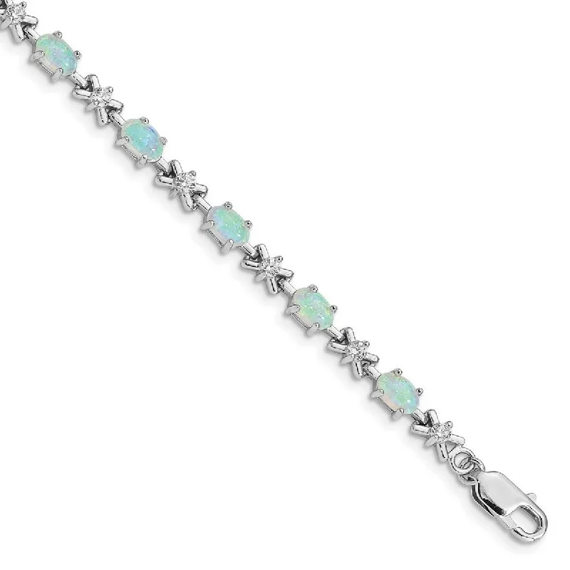 Women’s stackable bangles-Curata 925 Sterling Silver Polished Safety bar Box Catch Closure White Simulated Opal and Cubic Zirconia Bracelet 7 Inch Lobster