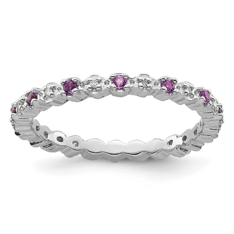 Women’s birthstone rings-Curata 925 Sterling Silver Polished Prong set Stackable Expressions Amethyst and Diamond Ring