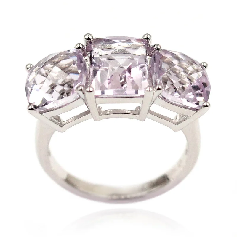 Women’s cushion cut rings-925 Sterling Silver Pink Amethyst 3-Stone Ring