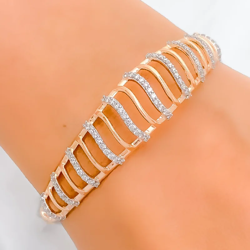 Women’s engraved leather bracelet-Women’s patterned bracelets-Contemporary Striped Diamond + 18k Gold Bangle Bracelet