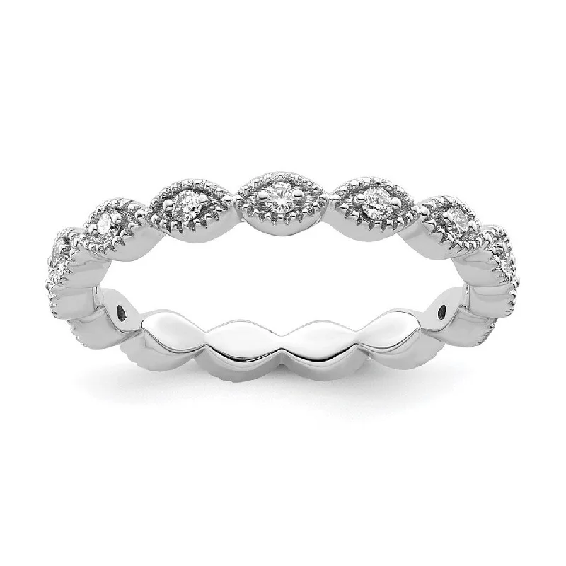 Women’s big gemstone rings-Curata 925 Sterling Silver Polished Prong set Patterned Stackable Expressions Diamond Ring