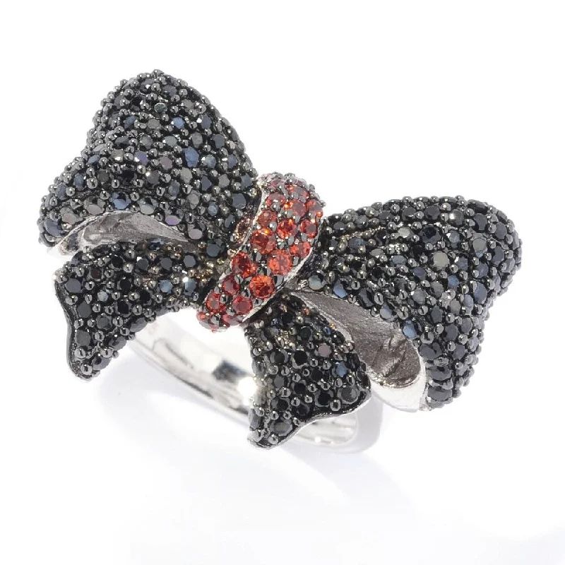 Women’s rose gold gemstone rings-Sterling Silver Black Spinel & Red Garnet Bow Ring