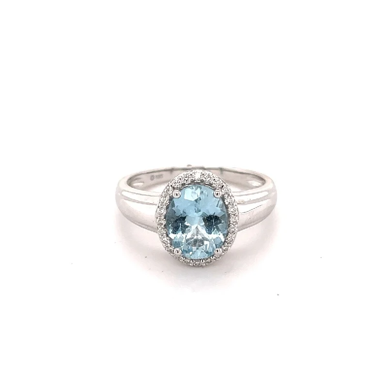 Women’s gold rings-14Kt White Gold Aquamarine and Diamond Ring