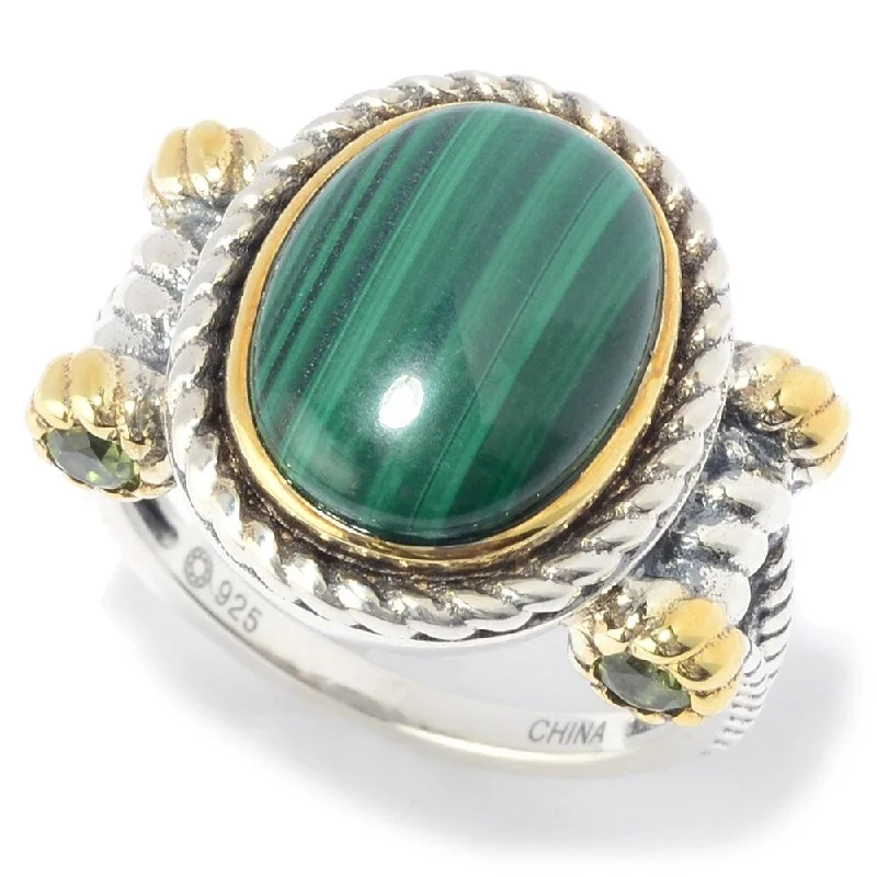 Women’s vintage diamond rings-Sterling Silver 14 x 10mm Oval Malachite & Peridot Rope Ring