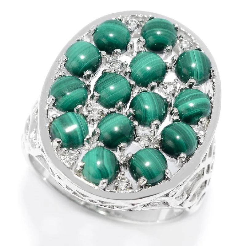 Women’s gemstone solitaire rings-Sterling Silver Malachite & White Topaz Oval Shaped Ring