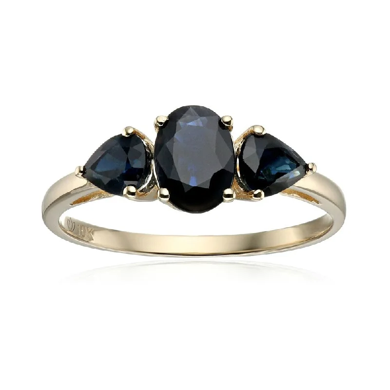 Women’s unique rings-10k Yellow Gold Blue Sapphire Oval and Pear 3-Stone Ring