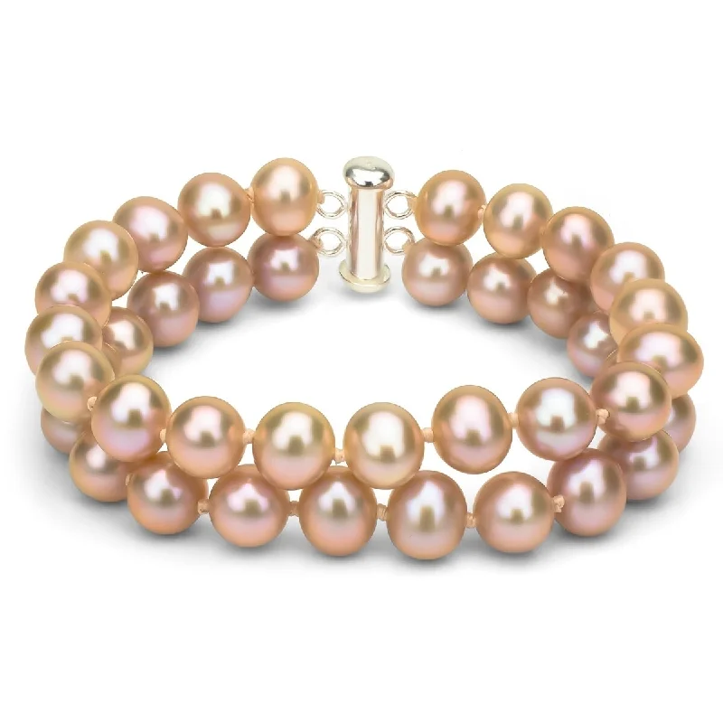 Women’s elegant silver bracelet-Women’s classic bangle bracelets-DaVonna Sterling Silver 2-row Pink Freshwater Cultured Pearl Bracelet, 8-9mm