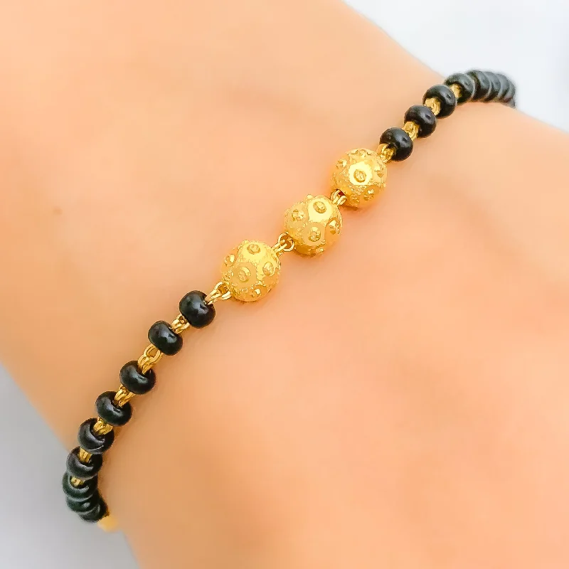 Women’s pearl bangle-Women’s sterling silver bangles-Dotted Black Bead 22k Gold Bracelet