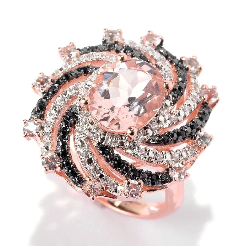 Women’s gemstone solitaire rings-18K Rose Vermeil 2.9Ctw Morganite, Black Spinel & White Zircon Swirl Ring