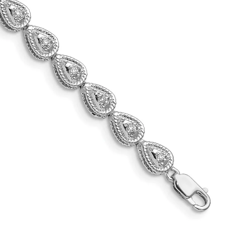 Women’s vintage bangle-Curata 925 Sterling Silver Polished Lobster Claw Closure Rhodium Plated Diamond Teardrop Link Bracelet