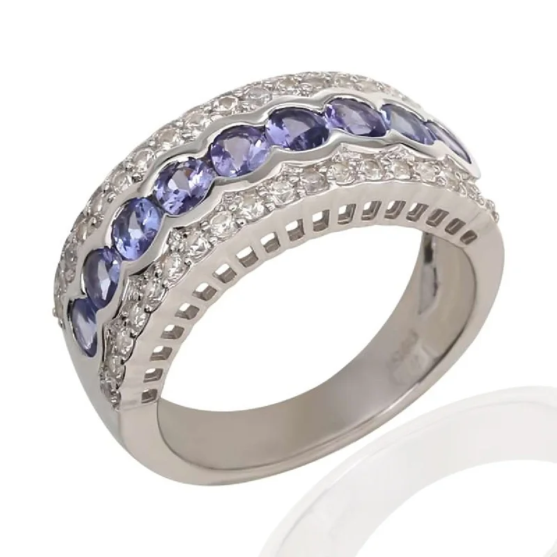 Women’s platinum rings-925 Sterling Silver Tanzanite And White Natural Zircon Band Ring