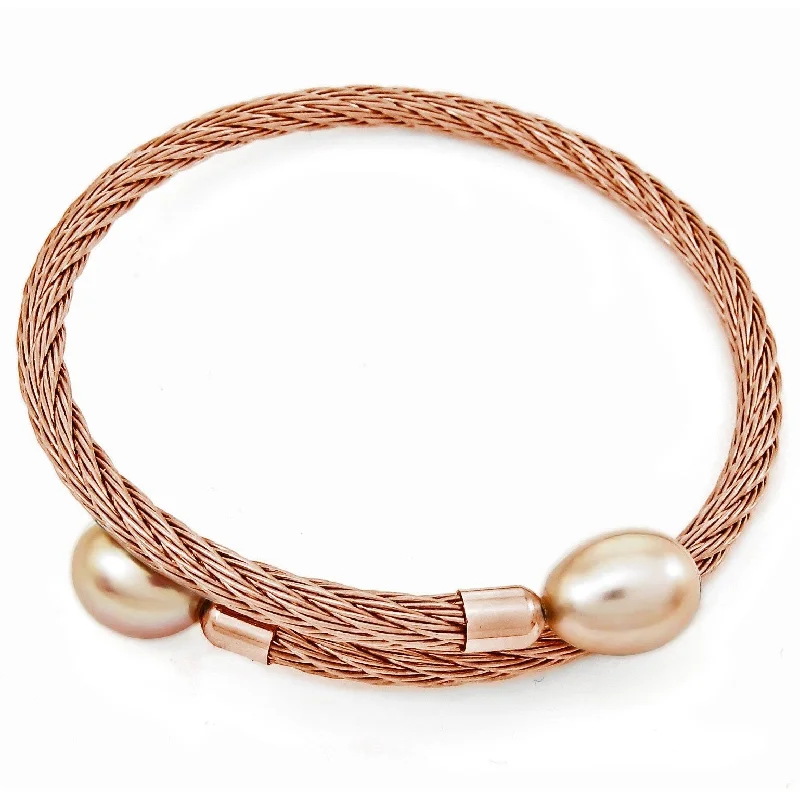 Women’s gold bracelet-Women’s diamond bracelets-DaVonna Rose Stainless Steel 9-10mm Pink Long Shape Pearl Expandable Bangle Bracelet