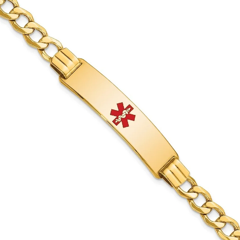 Women’s vintage bracelet-Women’s gold bangles-Curata 14k Yellow Gold 10.5mm Engravable Medical Red Enamel Curb Link ID Bracelet