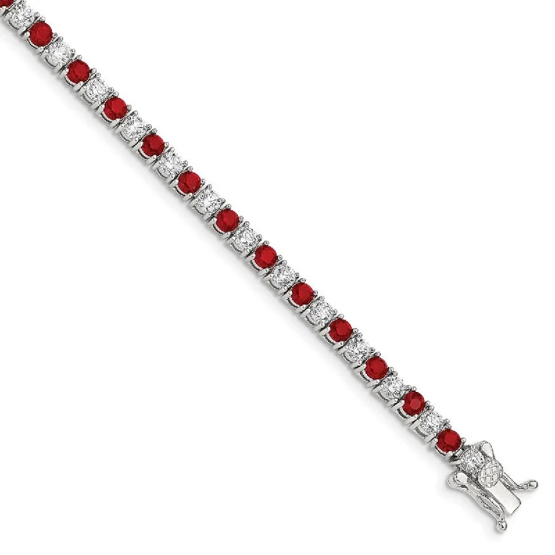 Women’s gold bangle-Curata 925 Sterling Silver Polished Safety bar Box Catch Closure Red and White CZ Cubic Zirconia Simulated Diamond Bracelet 7