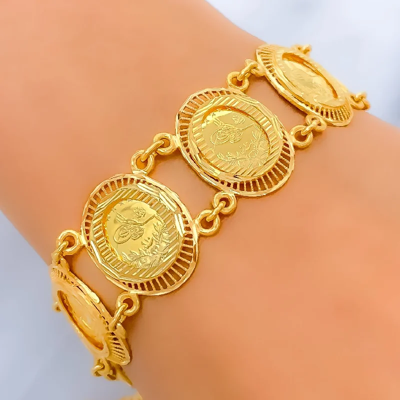 Women’s handmade bracelet-Women’s big statement bracelets-Elevated Coin 21k Gold Bracelet w/ Hanging Charm