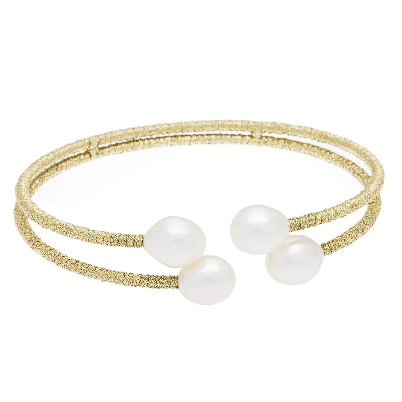 Women’s mixed-metal bracelet-Women’s diamond-studded bangles-DaVonna Gold Thread and White Freshwater Pearl 2-row Bangle Bracelet