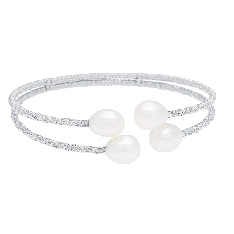 Women’s pearl bangle-Women’s sterling silver bangles-DaVonna Thread and White Freshwater Pearl 2-row Bangle Bracelet