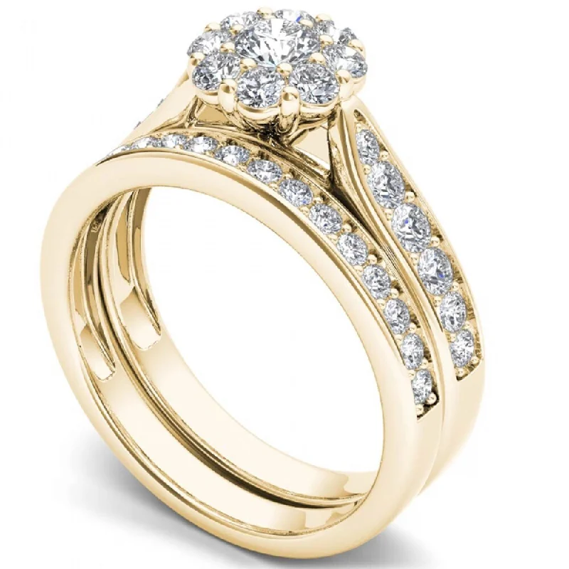 Women’s men’s style rings-De Couer 14k Yellow Gold 1ct TDW Diamond Double Halo Bridal Ring Set