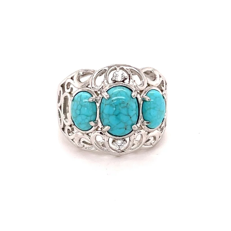 Women’s birthstone rings-925 Sterling Silver Mine#8 Turquoise and White Zircon 3-Stone Ring