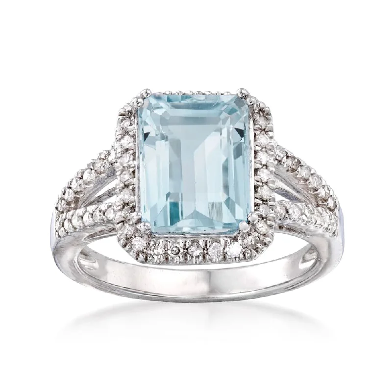 Women’s silver wedding rings-925 Sterling Silver Aquamarine and Diamond Gemstone Solitaire Ring