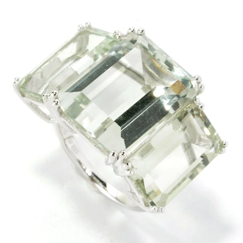 Women’s men’s style rings-Sterling Silver Emerald-cut Green Amethyst Three-stone Ring