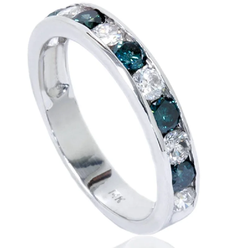 Women’s large stone rings-1ct Channel Set Blue & White Diamond Ring White Gold