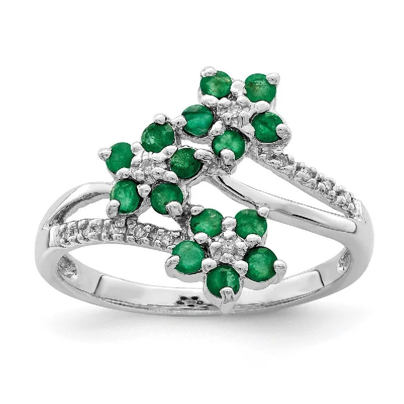 Women’s gold wedding rings-Curata 925 Sterling Silver Polished Open back 3 Flower Emerald and Diamond Ring