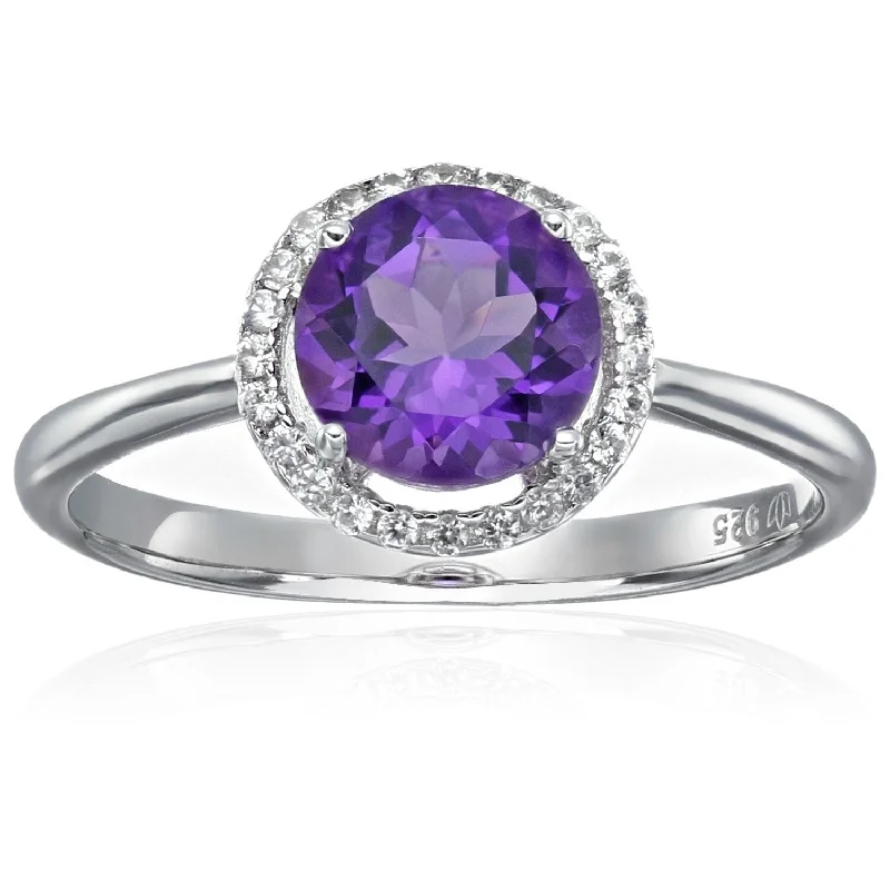 Women’s wedding band rings-Sterling Silver African Amethyst & Natural White Zircon Ring, Size 7 - Purple