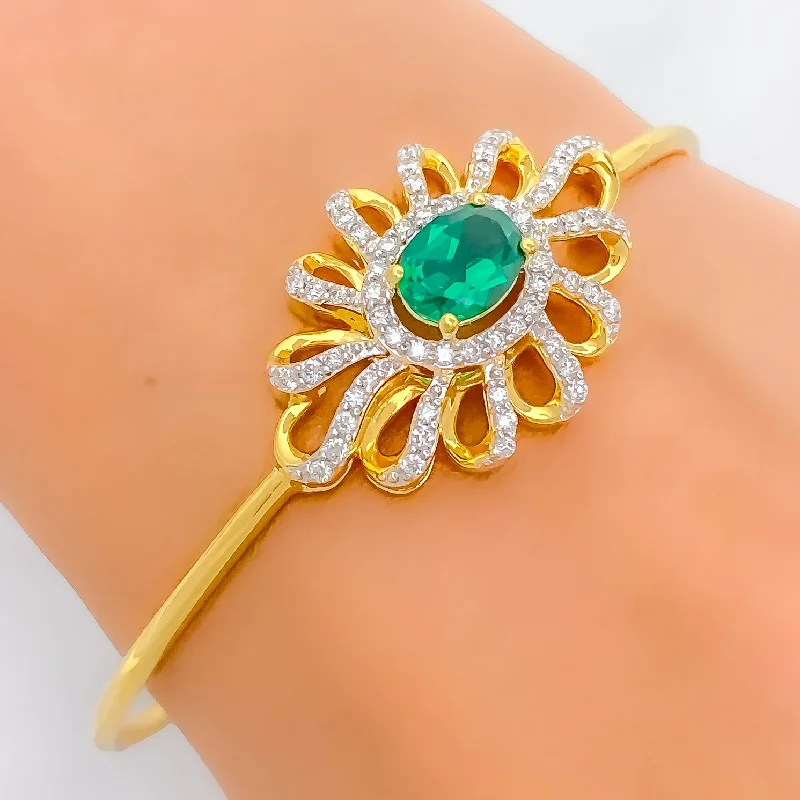 Women’s cuff bracelet-Women’s charm bracelets-Floral Emerald Diamond + 18k Gold Bangle Bracelet