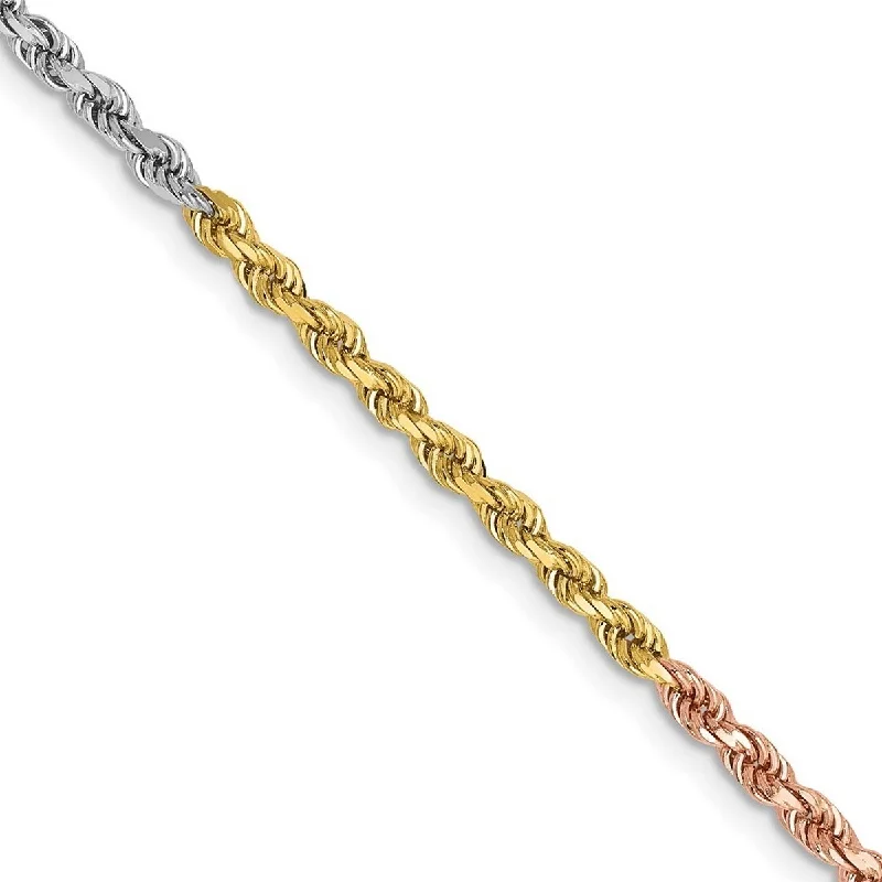 Women’s layered bracelet-Women’s heart-shaped bracelets-Curata 14k Tri Color Solid Gold 2.5mm Sparkle Cut Rope Chain Bracelet Lobster Claw