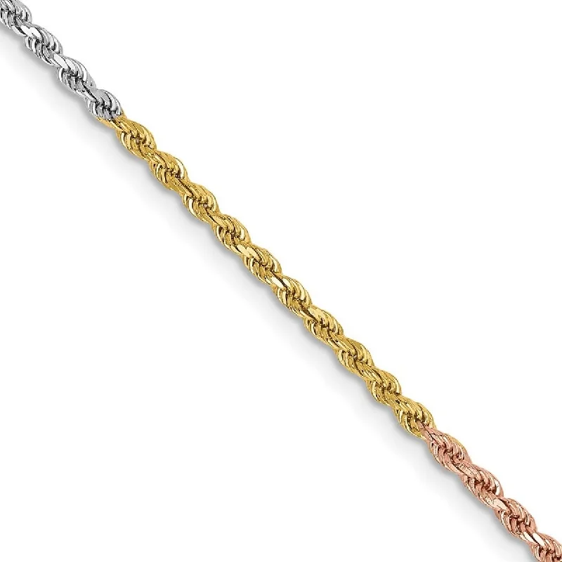 Women’s colorful bracelet-Women’s boho bracelets-Curata 14k Tri Color Solid Gold 1.8mm Sparkle Cut Rope Chain Bracelet Lobster Claw