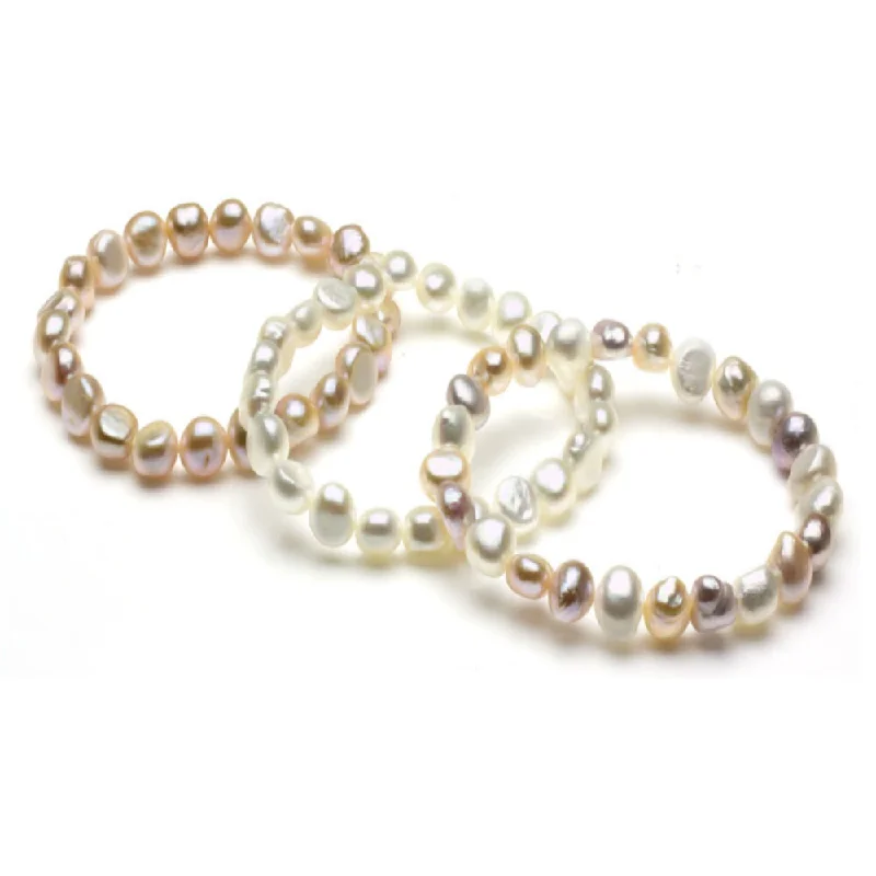 Women’s birthstone bracelet-Women’s vintage bangles-DaVonna White, Pink and Multi Pearl 3-pair Stretch Bracelet (8-9 mm)