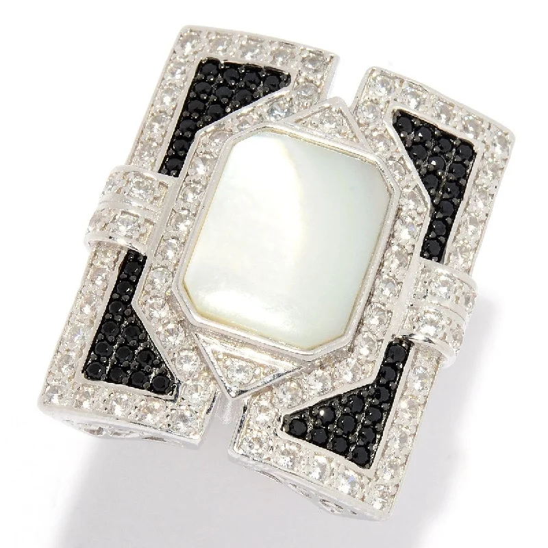 Women’s mixed metal rings-Dallas Prince Designs Mother-of-Pearl, Black Spinel & White Zircon Rectangular Ring