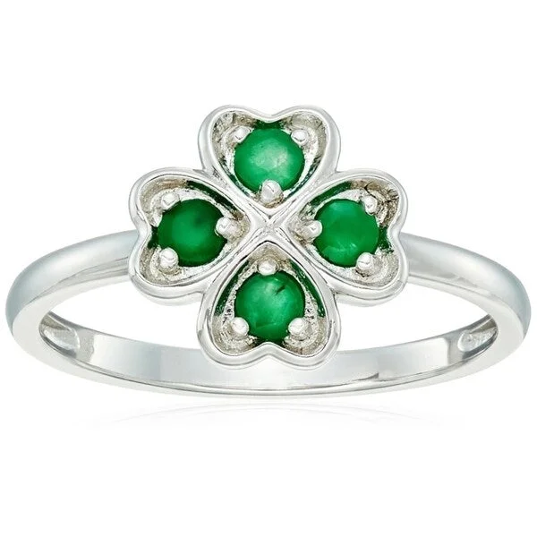 Women’s animal print rings-Sterling Silver Genuine Emerald Clover Ring, Size 7 - Green