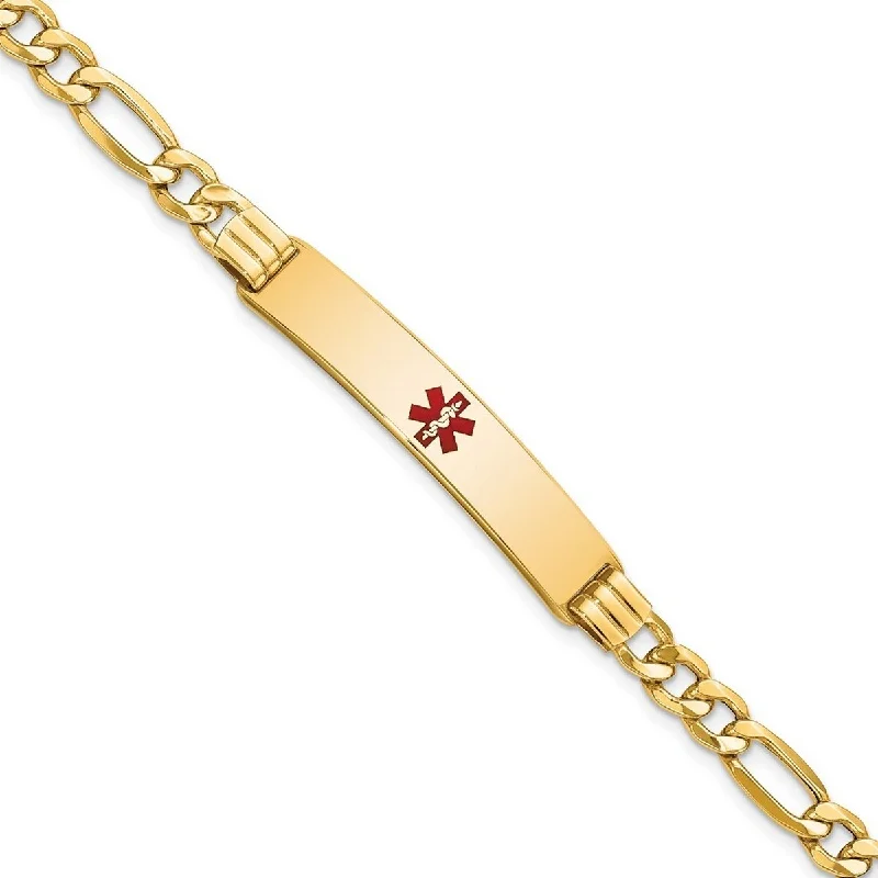 Women’s trendy bracelet-Curata 14k Yellow Gold 7mm Engravable Medical Red Enamel Figaro Link ID Bracelet