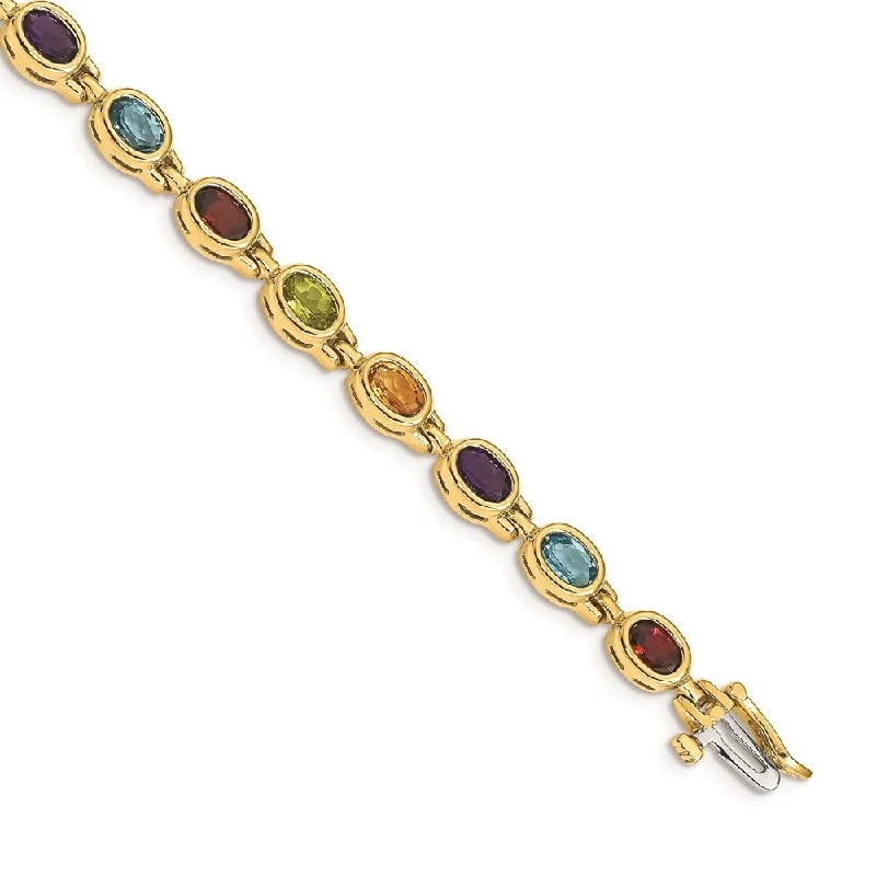 Women’s trendy bracelet-14k Yellow Gold 6mm Oval Gemstone Rainbow Bracelet, 7"