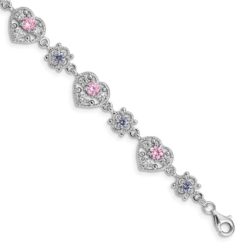 Women’s simple bracelet-Curata 925 Sterling Silver Polished Fancy Lobster Closure 7inch Lavender and Pink CZ Cubic Zirconia Simulated Diamond Bracelet